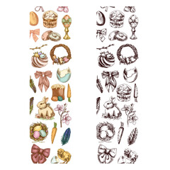 Hand drawn Easter vertical border with egg, bunny, chick, willow, bow and festive elements