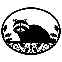 Elegant Oval Frame Featuring a Silhouette of a Raccoon Amidst Ornate Leaf Designs
