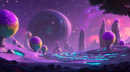 Cosmic landscape with vibrant, otherworldly flora and fauna.  A surreal scene of luminous, purple and pink planets and surreal trees against a night sky