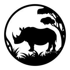 Majestic Rhinoceros Silhouette in African Savanna Landscape Circular Design