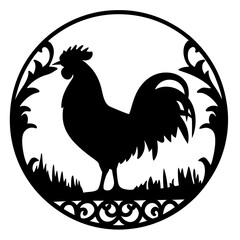 Silhouette of a Rooster in an Ornate Circular Frame Farm Animal Illustration Black and White Graphic Design