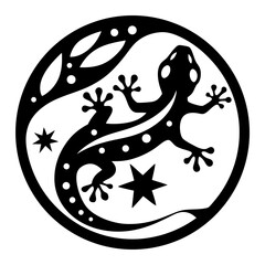 Stylized Gecko in Circular Design with Floral Elements and Stars