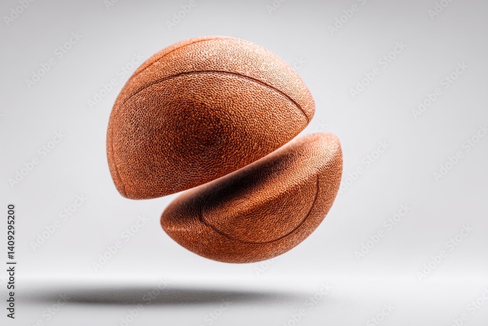 Poster dynamic studio shot of a sliced basketball floating in mid air against a clean white backdrop showca