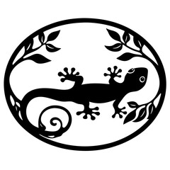 Elegant Black and White Gecko Illustration in Oval Frame with Floral Design