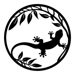 Circular Gecko Design with Elegant Branch Artwork a Black and White Silhouette Illustration