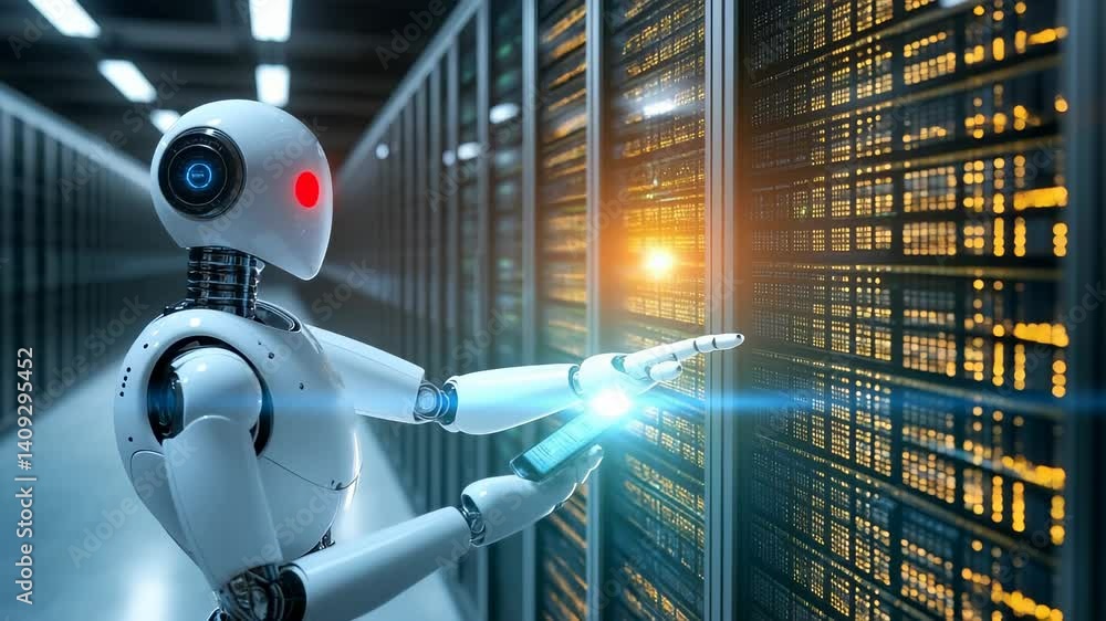 Poster futuristic robot in data center