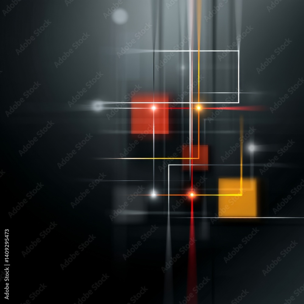 Poster abstract composition with geometric forms, lines, and light effects on a dark background.