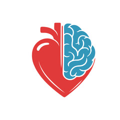 Minimalist icon blending a stylized red heart and blue brain in one shape, representing harmony between emotion and intellect.