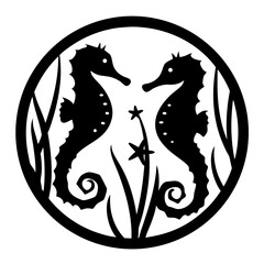 Two Seahorses in a Circular Frame with Seaweed and Flowers A Black and White Illustration