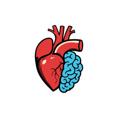 Minimalist icon blending a stylized red heart and blue brain in one shape, representing harmony between emotion and intellect.