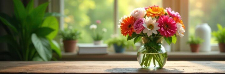 Fototapeta premium Fresh flowers in vase on wooden table amidst greenery and soft light, fresh flowers, spring flowers