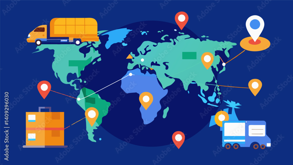Poster a geographical representation of logistics data showcasing the global reach of the supply chain and 