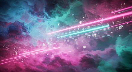 Abstract Pink And Blue Neon Lights Streaking Across Cloudscape