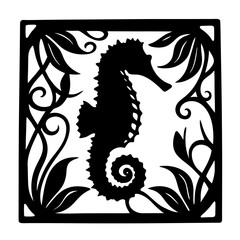 Elegant Black Seahorse in Square Frame with Intricate Floral Design Artistic Illustration