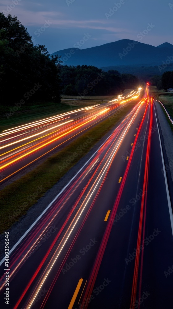 Poster captivating long exposure of highway traffic at twilight with mountain backdrop creating a dynamic s