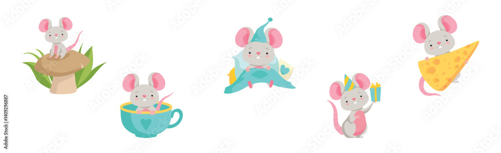Poster cute little mouse with pretty snout do various activity vector set