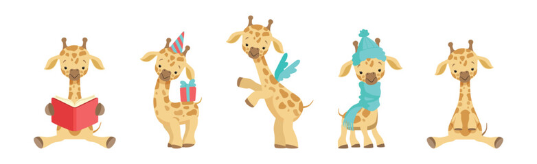 Cute Little Giraffe Character Engaged in Different Activity Vector Set