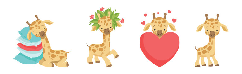 Cute Little Giraffe Character Engaged in Different Activity Vector Set