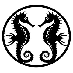 Two Seahorses Facing Each Other in a Circular Design Black and White Stylized Illustration of Marine Life Aquatic Animals Ocean Creatures