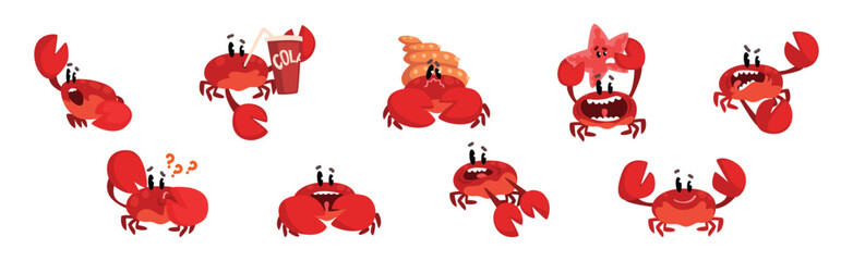 Funny Red Crab Character with Claws Vector Set