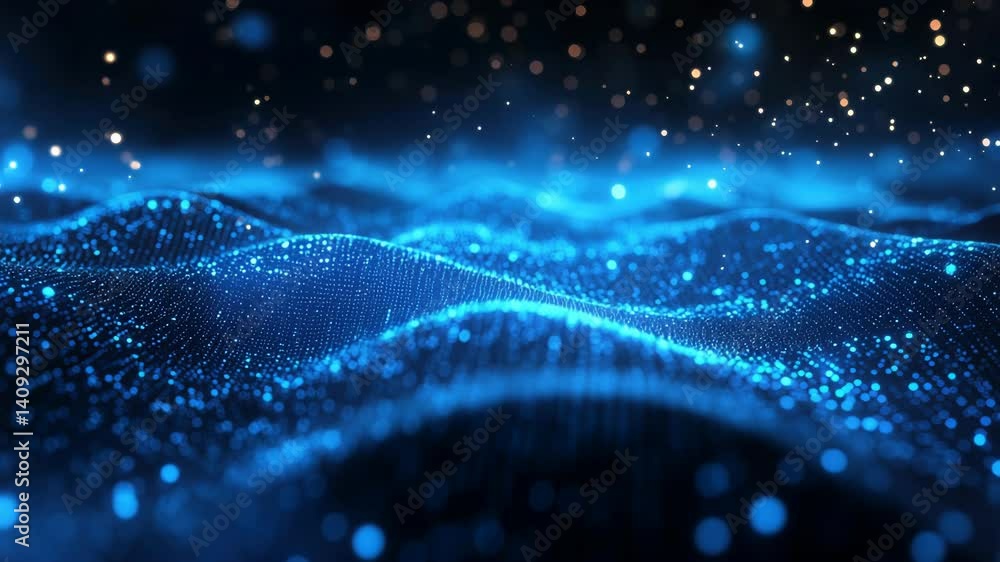 Poster abstract digital landscape composed of dynamic glowing particles,symbolizing big data,artificial int
