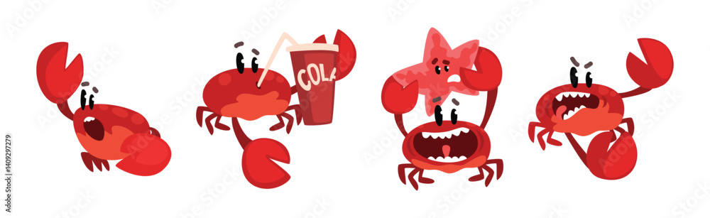 Poster funny red crab character with claws vector set