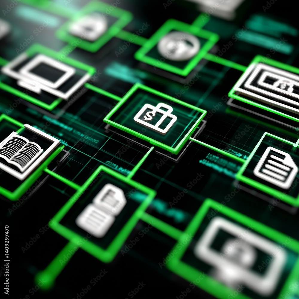 Fototapete connected data: network of icons representing digital communication and information flow in green ma