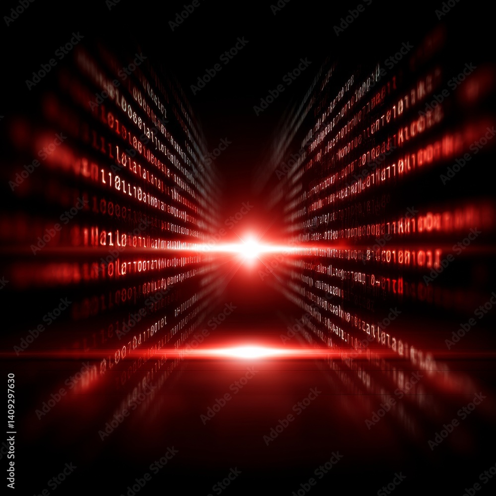 Poster Cybernetic Reality: A Red Binary Stream Converging into Light and Shadow in the Digital Dark