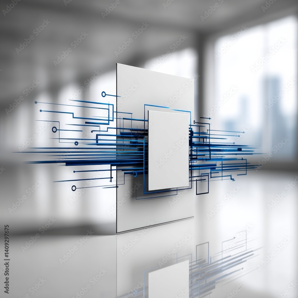 Aufkleber data flow visualization: abstract network connecting white panels in a bright, modern space