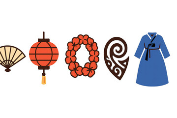 Illustration of AAPI cultural symbols including a fan, lantern, lei, tattoo, and kimono on a transparent background. Concept of Asian American Pacific Islander heritage.
