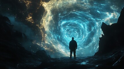 Fototapeta premium Silhouette Man Gazing At A Glowing Abstract Portal In A Dark Night Landscape