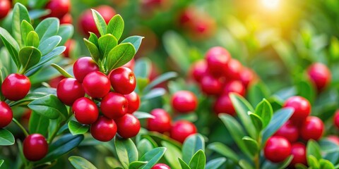 Obraz premium Close-up of Ruscus aculeatus sprouts with red berries in a lush green garden, berry bushes, botanicals