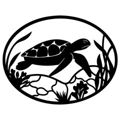 Elegant Black and White Silhouette of a Sea Turtle in its Ocean Habitat