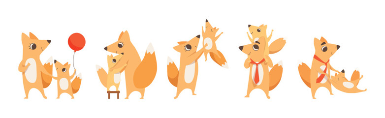 Obraz premium Loving Fox Mom and Dad Character with Its Cub Engaged in Different Activity Vector Set