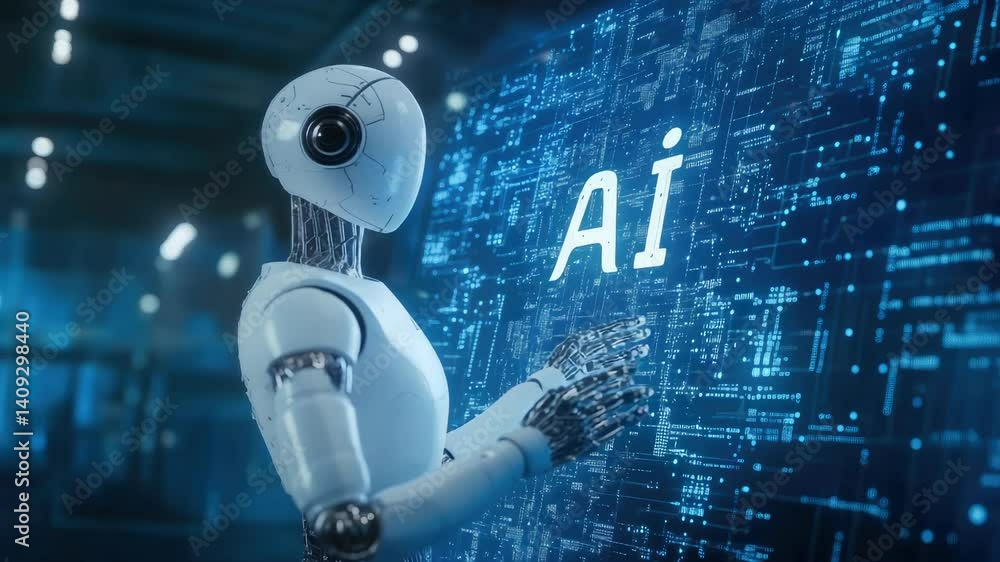 Poster futuristic humanoid robot analyzing artificial intelligence data on a digital screen, representing a