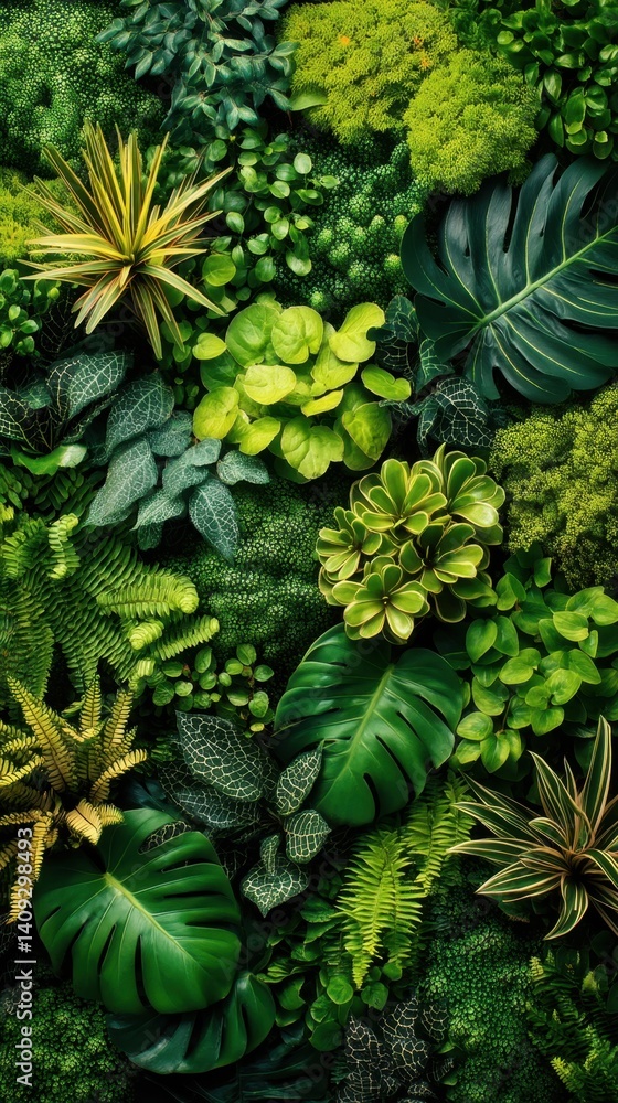 Poster lush vertical garden displaying diverse greenery and textures creating a vibrant and natural aesthet