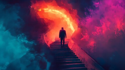 Fototapeta premium Silhouette Ascending Staircase Into Fiery Portal with Vibrant Color Contrast and Dramatic Lighting