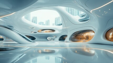 Tech company headquarters, futuristic design, white background