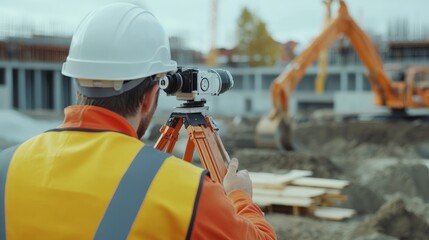 Surveyor taking measurements with a theodolite at a construction site. Featuring precision and technical knowledge