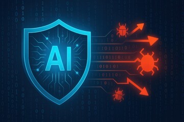 AI security shield with digital bugs and code in the background.
