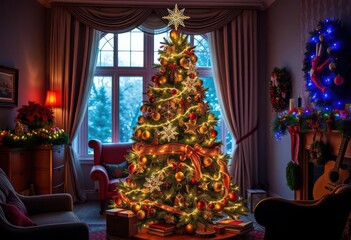 Fototapeta premium Ornate Christmas tree sparkles in warmly lit living room, festive decorations abound, sparkling, pine