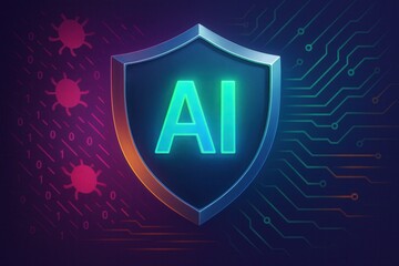 Digital shield representing AI protection against threats and viruses.