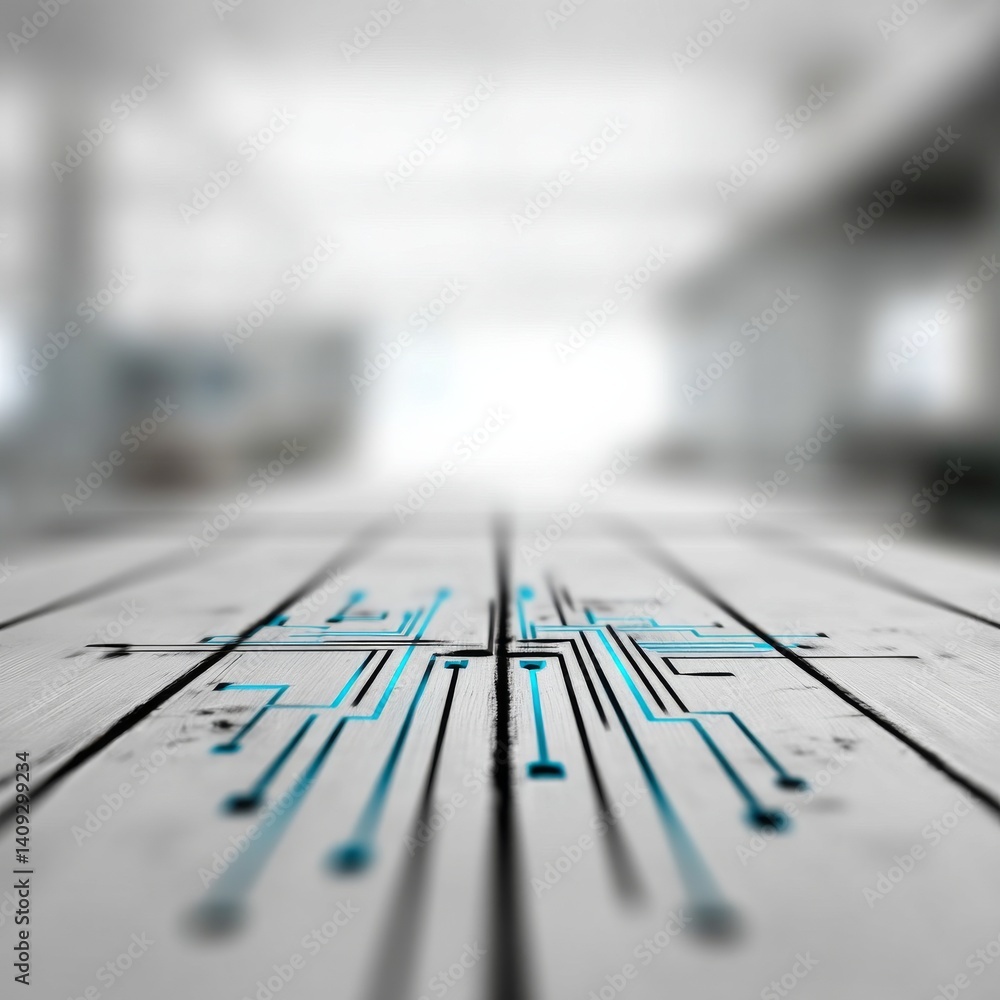 Poster Futuristic Circuit Board Design on Wooden Surface with Bright Background, Emphasizing Technology and Innovation