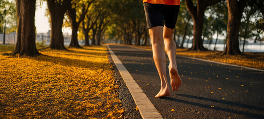 Barefoot runner on a scenic, tree-lined path in autumn.