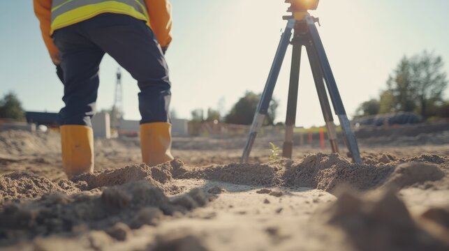 Surveyor using a laser level to check ground elevation. Featuring accuracy and technology