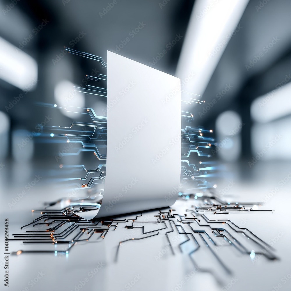 Leinwandbilder futuristic technology: a clean white surface connected to a network of glowing circuits in a modern 
