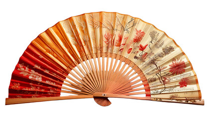 Isolated Asian decorative fan featuring intricate floral patterns on a transparent background. Concept of cultural art and elegance.