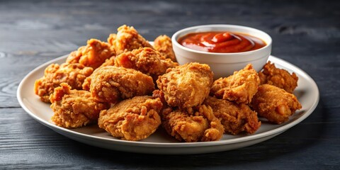 Crunchy fried chicken pieces on a plate with dipping sauce ,finger lunch,  finger lunch, crispy fried popcorn chicken, bite