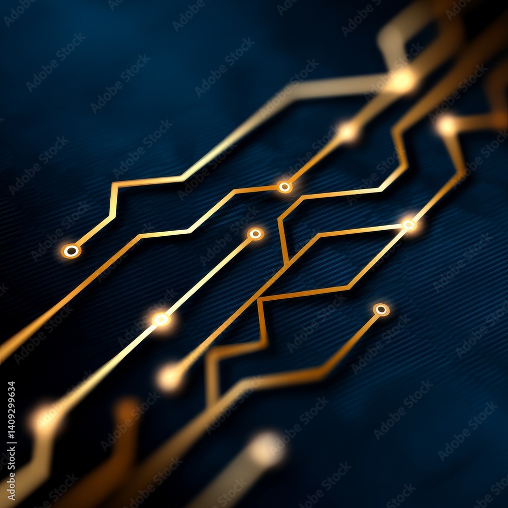 Poster golden circuitry: abstract technology background with interconnected lines and glowing nodes on a da