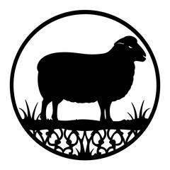 Silhouette of a Sheep in a Circular Frame with Ornate Border Grass and Detailed Design